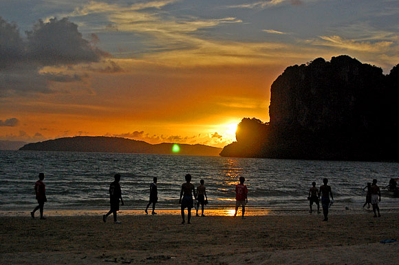 We watched soccer at sunset on Rai Leh Beach,