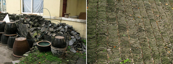 Slate roof tiles repurposed into slate courtyard pavers